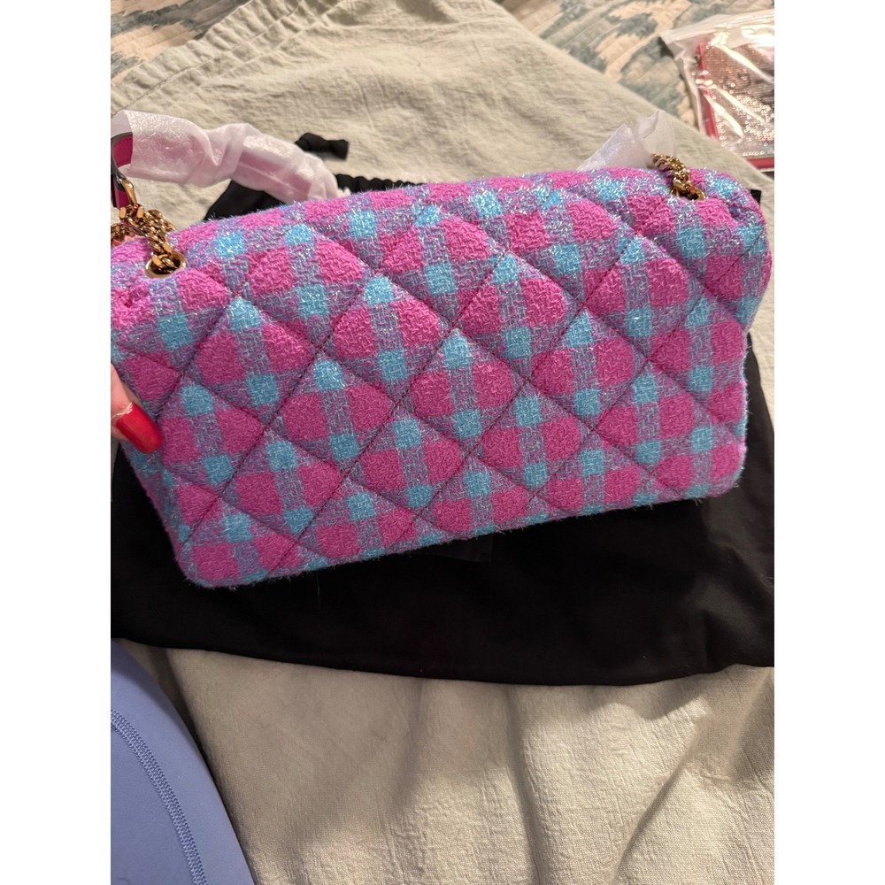 Versace La Medusa Tweed Shoulder Bag Pink Blue Plaid Quilted Gold Chain - Picture 7 of 8